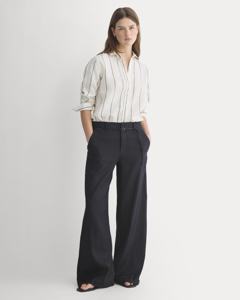 Stretch Linen Wide-Leg Belted Trouser | Black | Regular