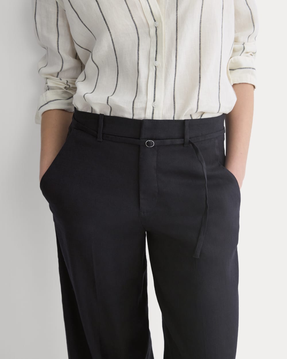 Stretch Linen Wide-Leg Belted Trouser | Black | Regular