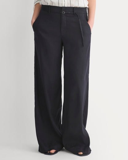 Stretch Linen Wide-Leg Belted Trouser | Black | Regular