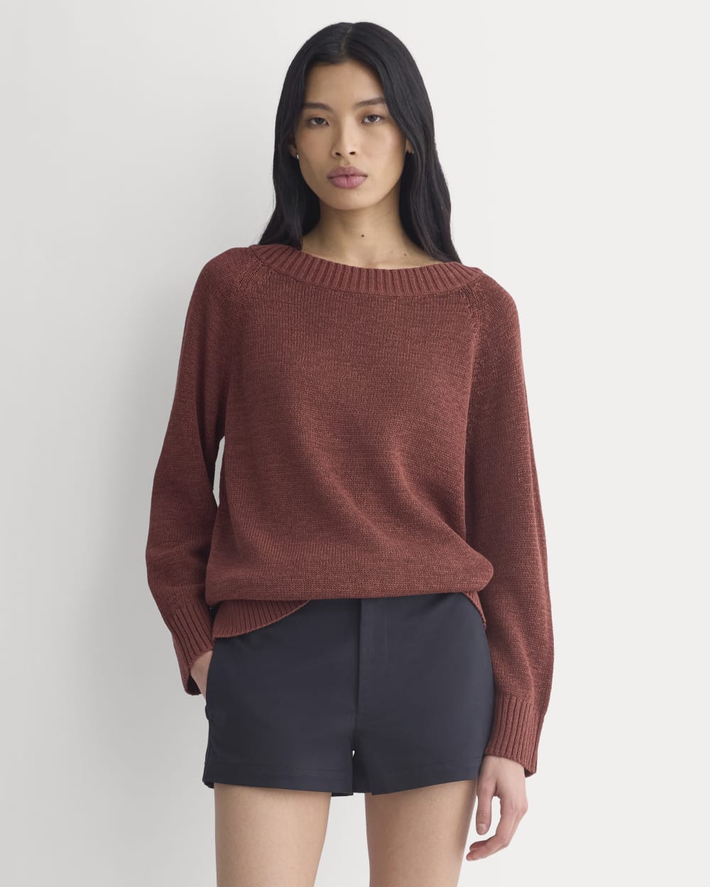 Wide-Neck Crew Sweater in Henna Red