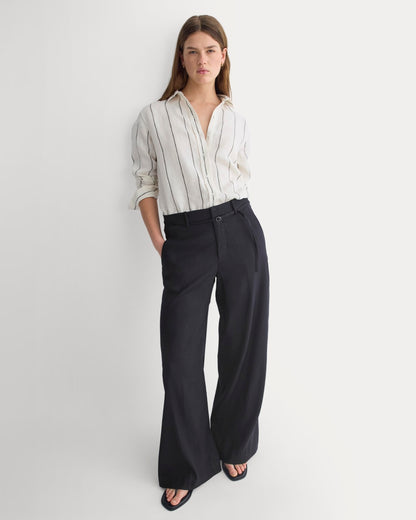 Stretch Linen Wide-Leg Belted Trouser | Black | Regular
