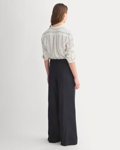 Stretch Linen Wide-Leg Belted Trouser | Black | Regular